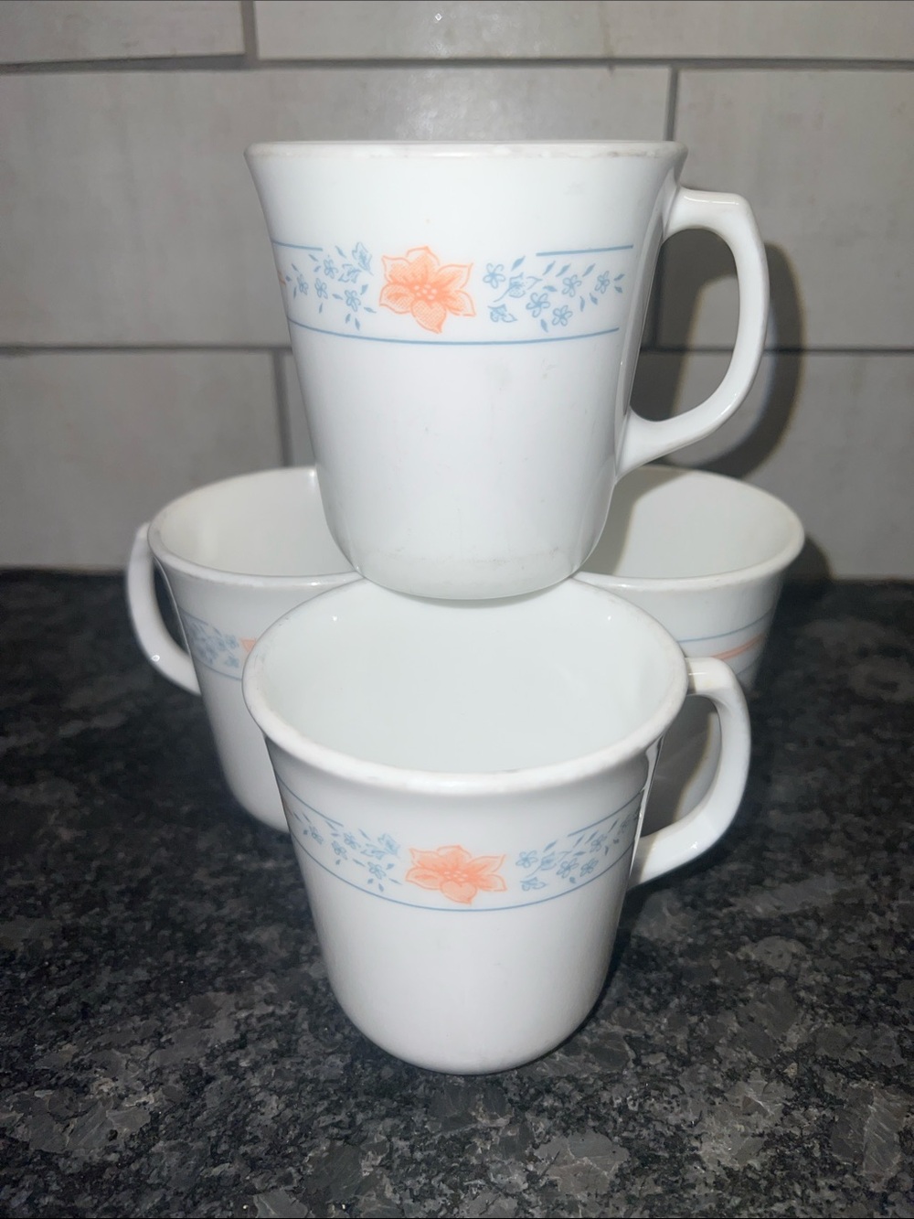 Corning for Corelle White Mugs APRICOT GROVE with Orange Floral Blue Accent Band